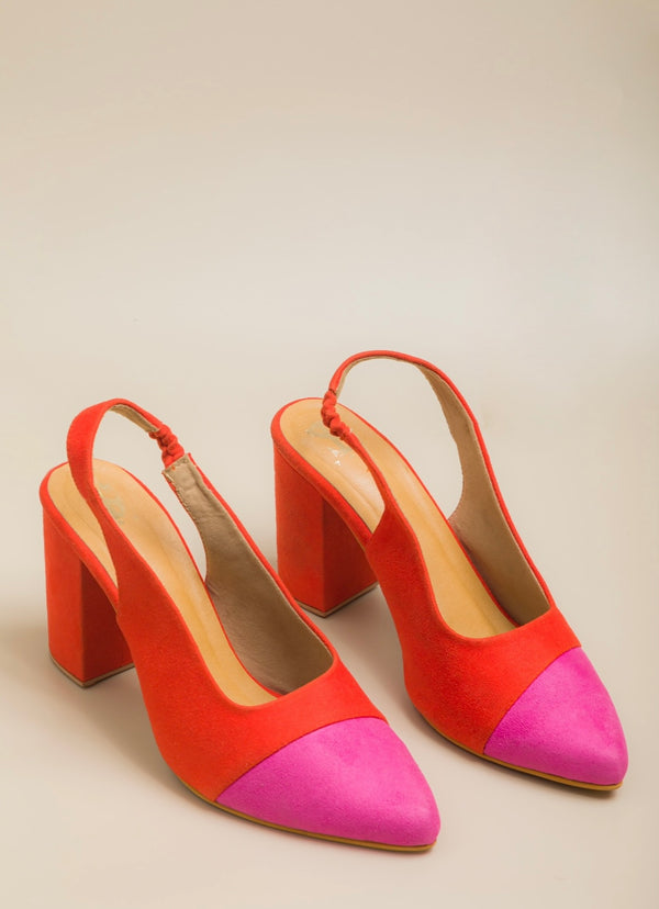 Orange pink colour block heels