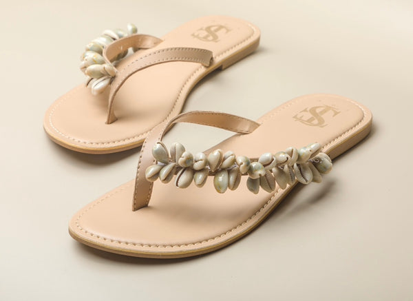 Toe Strappy nude Shell Sliders