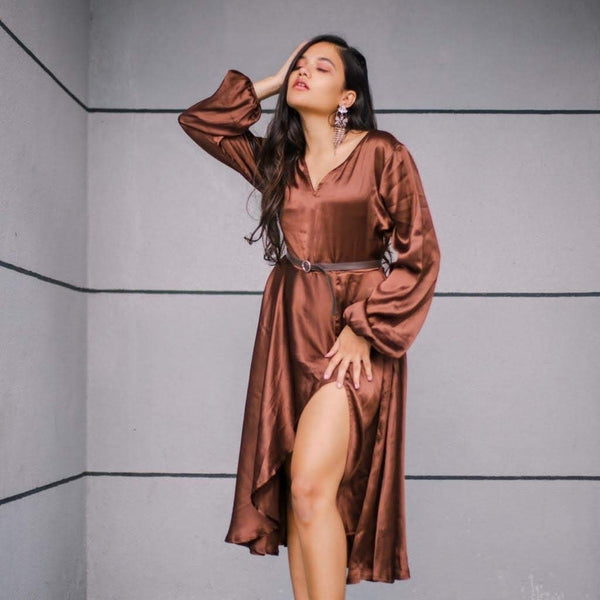 Brown Satin Slit dress