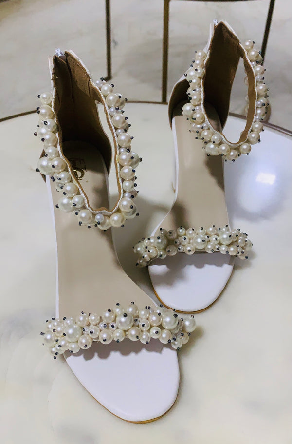 Pearl Embellished White Block Heels