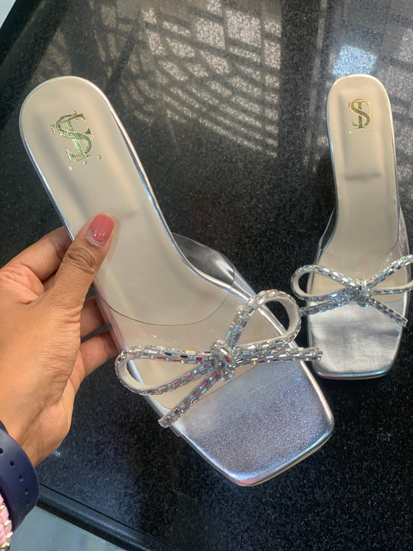 Silver Diamantine Bow Glass Heels