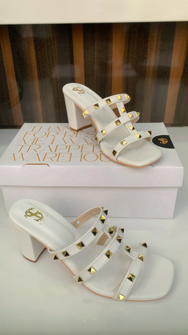 White studded block heels